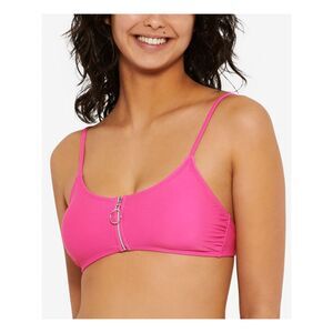 HULA HONEY Women's Pink Stretch Zippered Adjustable Bralette Swimsuit Top L